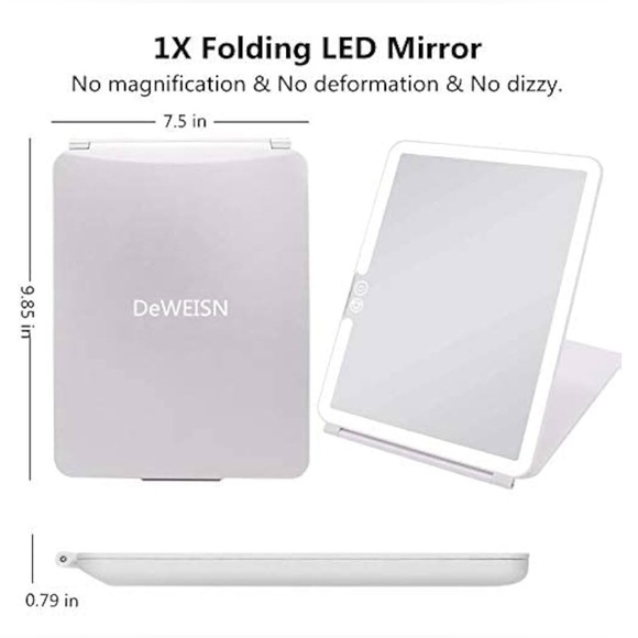 Folding Lighted Makeup Mirror White 72 LEDs 3 Colors Light Modes USB - Picture 1 of 16